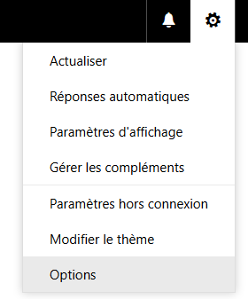 Menu de la roue crantée OWA ouvert, avec les entrées Réponses automatiques et Options.