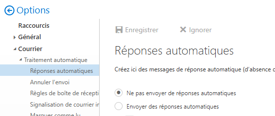 Dans Options, Courrier et Traitement automatique, la rubrique Réponses automatiques permet de sélectionner Envoyer des réponses automatiques.